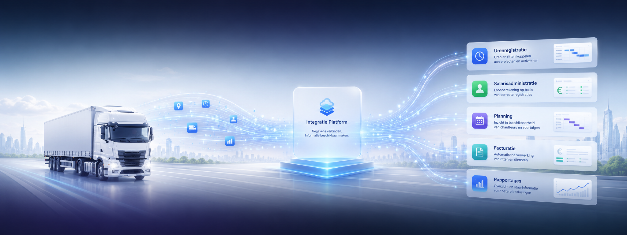 Integratie Platform: gegevens van boordcomputer via het platform naar urenregistratie, salarisadministratie, planning, facturatie en rapportages.